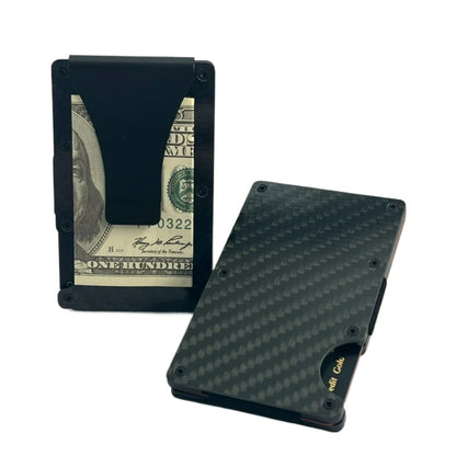 Minimalist Wallet for Men, Money Clip Cash Strap Wallet, RFID Blocking Metal Wallet Aluminum Card Holder(Carbon Fiber)