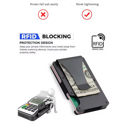 Minimalist Wallet for Men, Money Clip Cash Strap Wallet, RFID Blocking Metal Wallet Aluminum Card Holder(Carbon Fiber)
