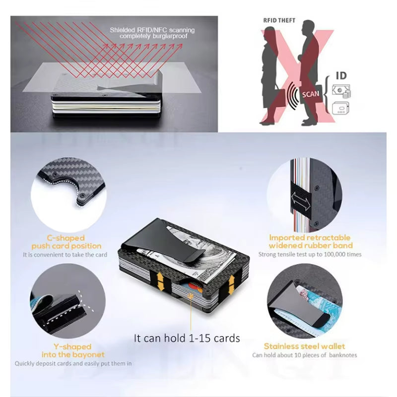 Minimalist Wallet for Men, Money Clip Cash Strap Wallet, RFID Blocking Metal Wallet Aluminum Card Holder(Carbon Fiber)