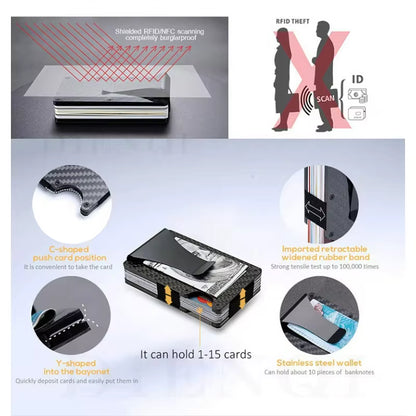 Minimalist Wallet for Men, Money Clip Cash Strap Wallet, RFID Blocking Metal Wallet Aluminum Card Holder(Carbon Fiber)