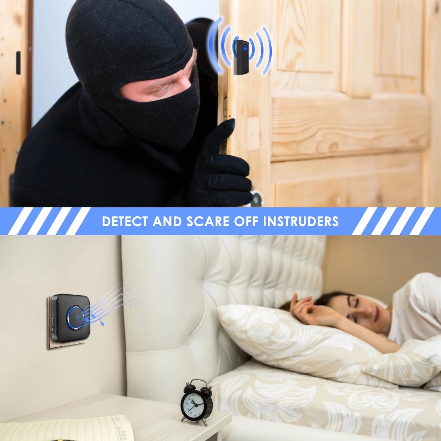 Door Chime, Wireless Door Alarm Sensor with 600Ft Range 58 Chimes Adjustable Volume Mute Mode LED Indicators,